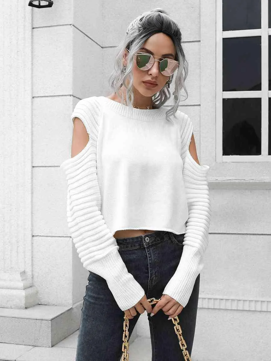Undistracted Ribbed Trim Cold Shoulder Sweater