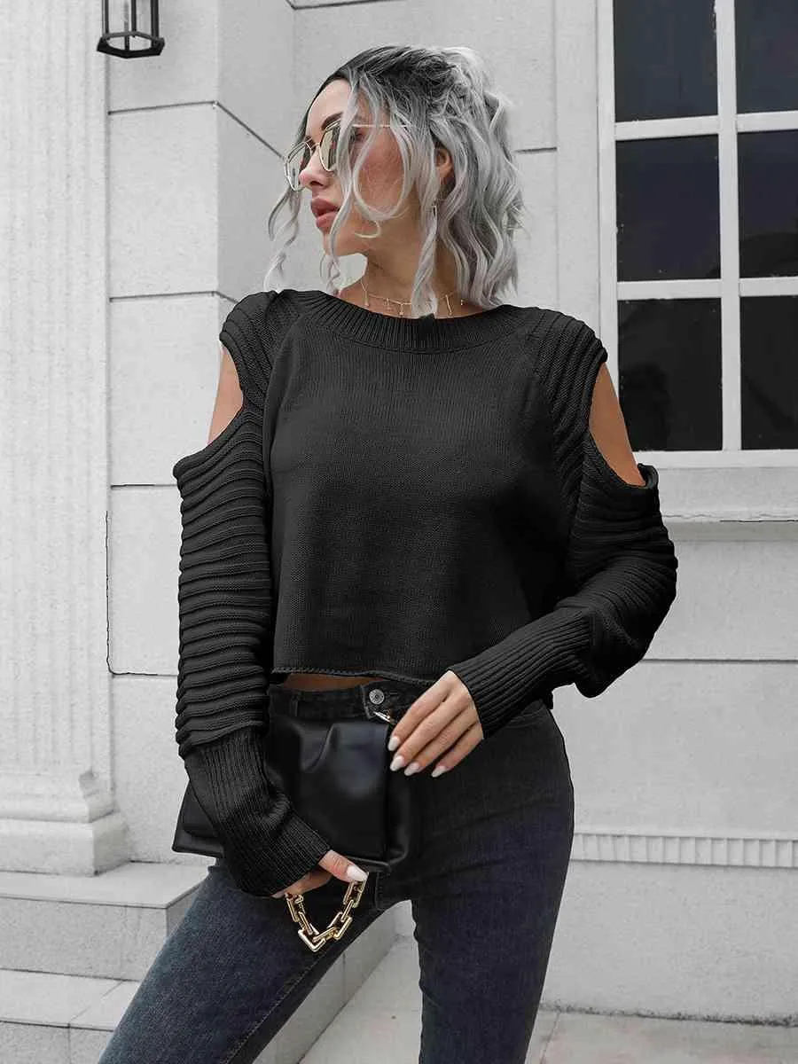 Undistracted Ribbed Trim Cold Shoulder Sweater