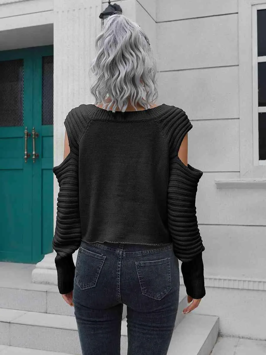 Undistracted Ribbed Trim Cold Shoulder Sweater