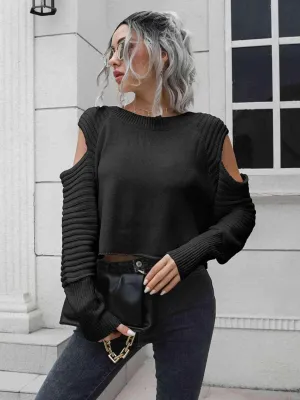 Undistracted Ribbed Trim Cold Shoulder Sweater
