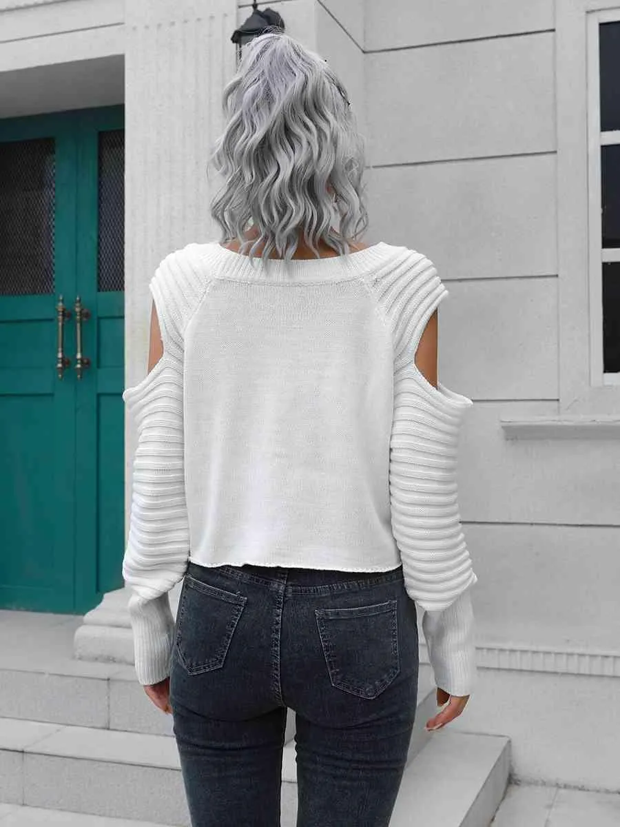 Undistracted Ribbed Trim Cold Shoulder Sweater