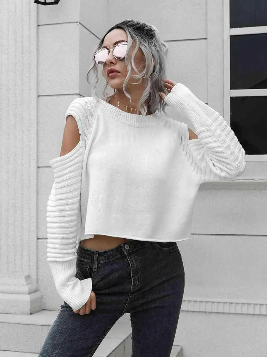 Undistracted Ribbed Trim Cold Shoulder Sweater