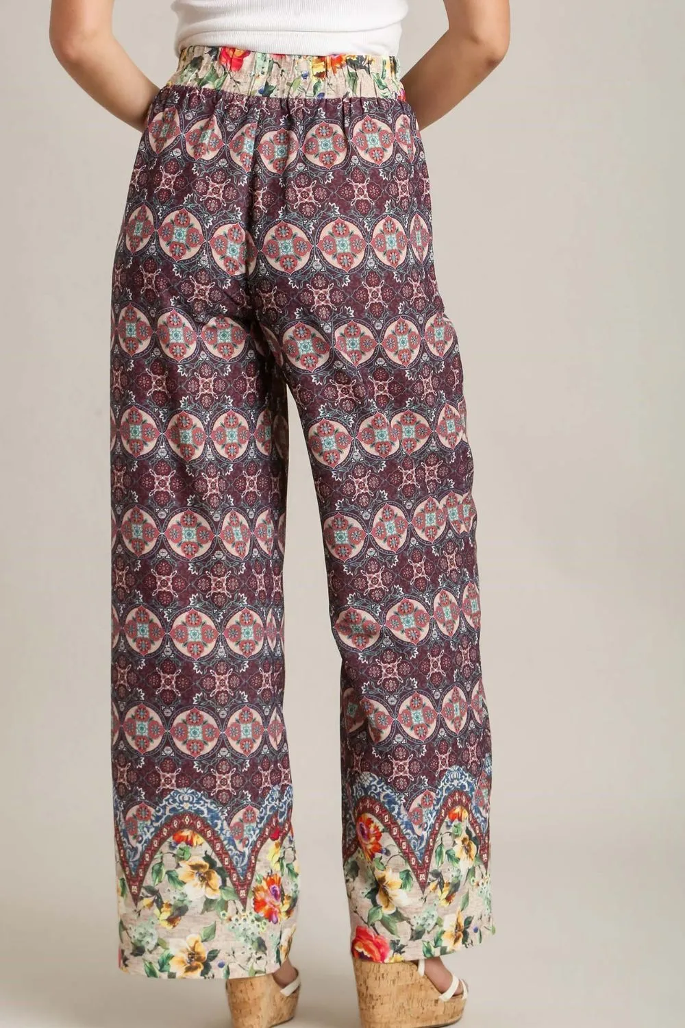 Wear The Print Maroon Mixed Print Elastic Waistband Pant