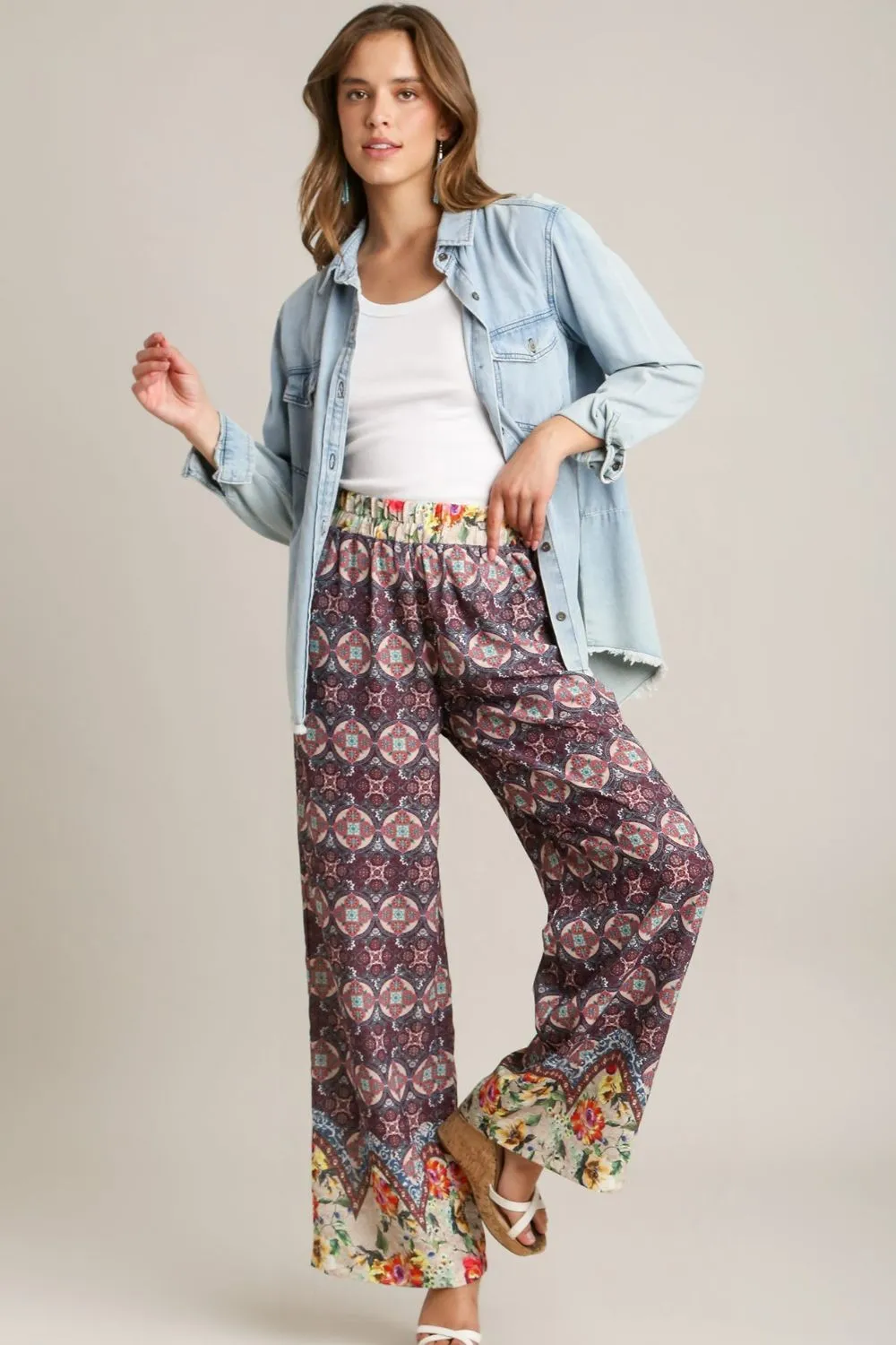 Wear The Print Maroon Mixed Print Elastic Waistband Pant