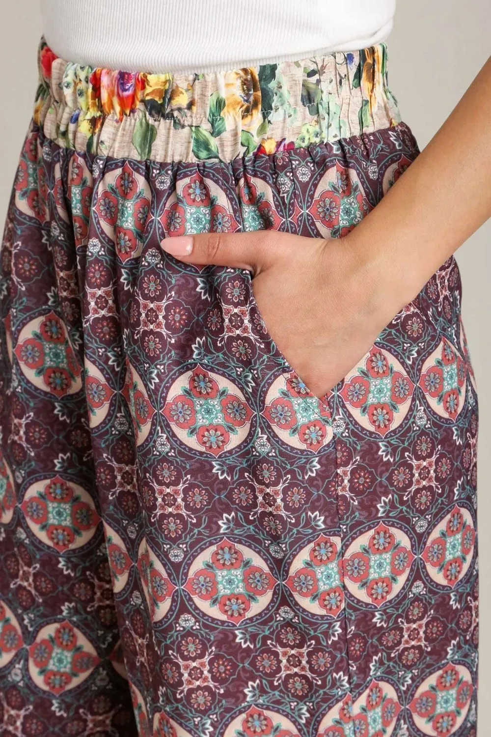 Wear The Print Maroon Mixed Print Elastic Waistband Pant