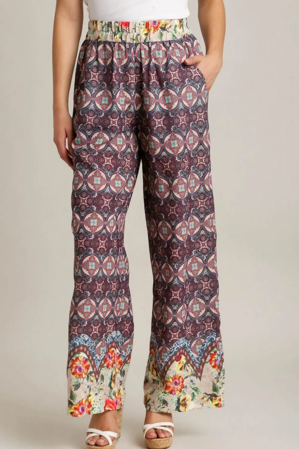 Wear The Print Maroon Mixed Print Elastic Waistband Pant