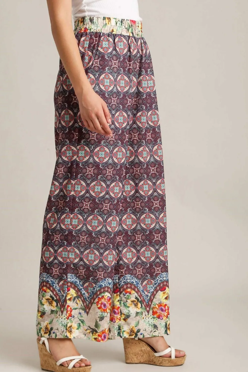 Wear The Print Maroon Mixed Print Elastic Waistband Pant