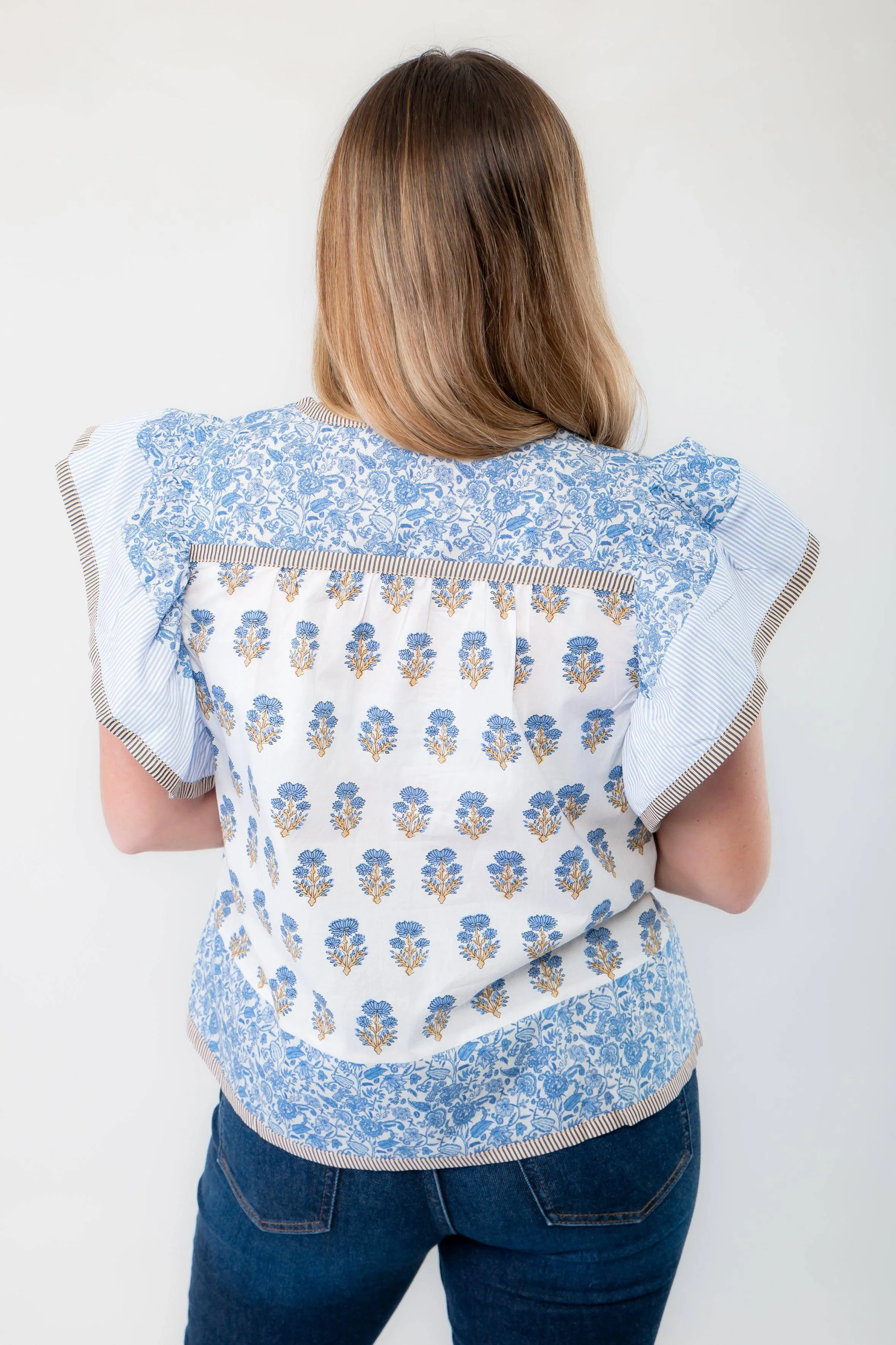 Wildflower Ivory & Blue Printed Ruffle Sleeve Top