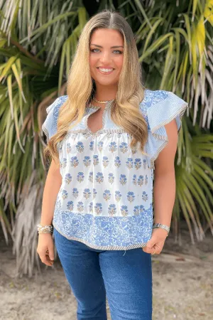 Wildflower Ivory & Blue Printed Ruffle Sleeve Top