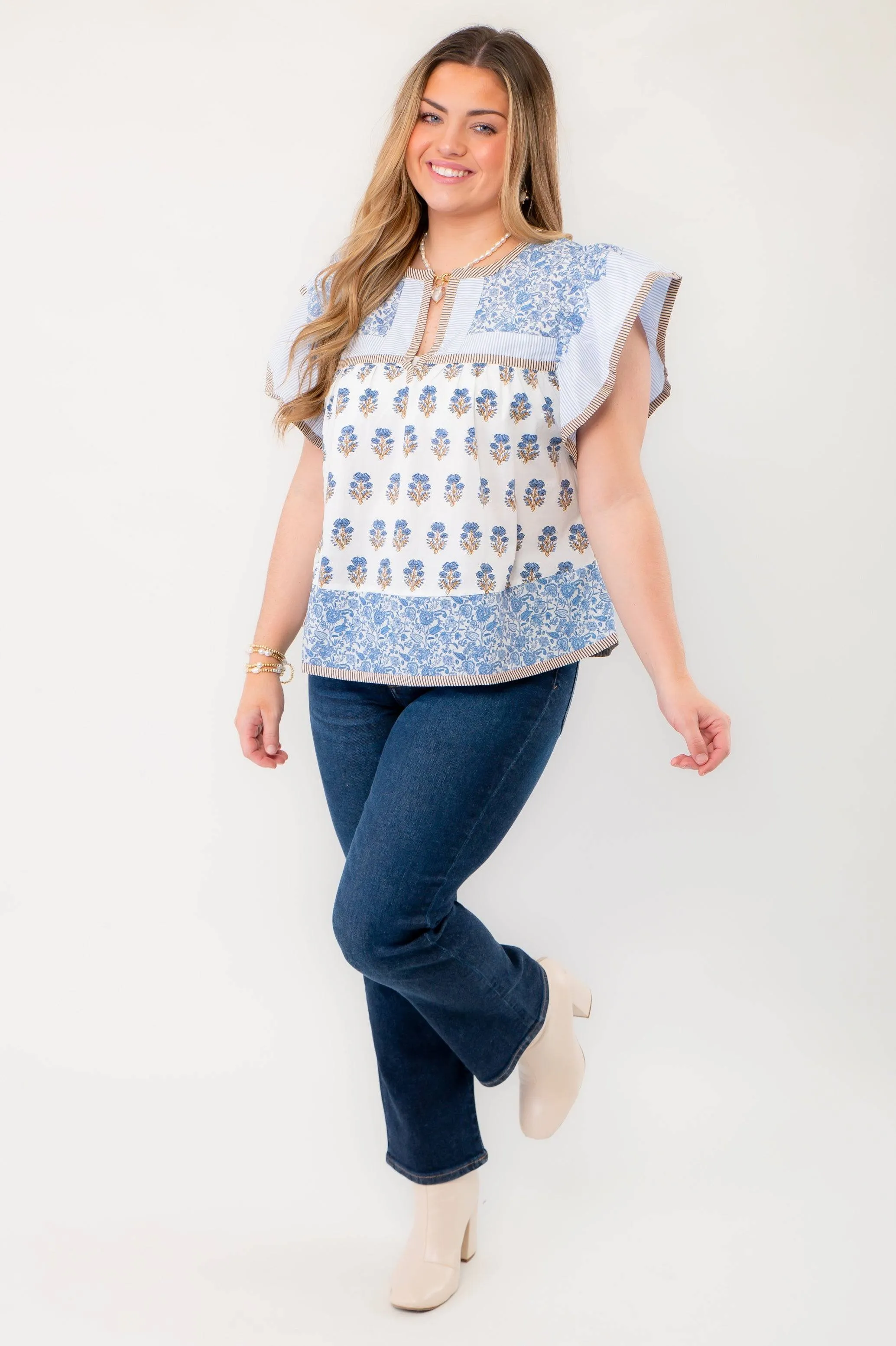 Wildflower Ivory & Blue Printed Ruffle Sleeve Top