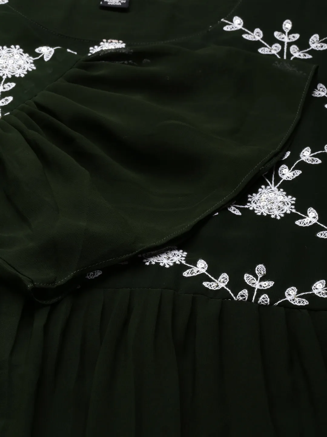 Women Olive Floral Embroidered Thread Work Anarkali Kurta