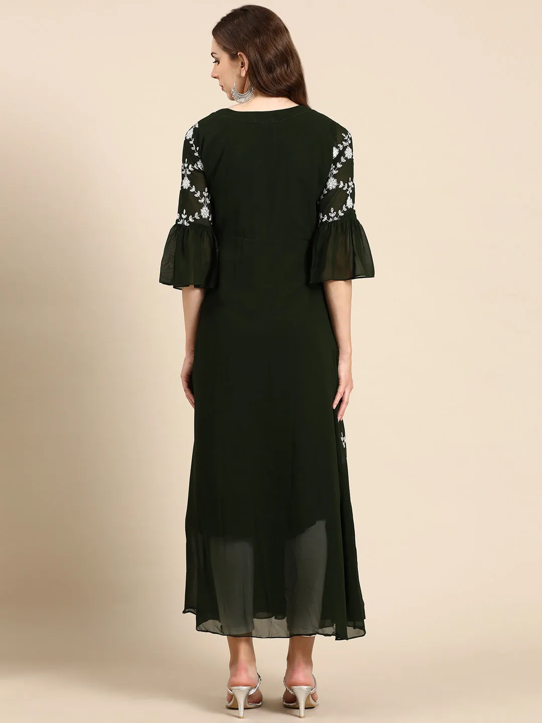Women Olive Floral Embroidered Thread Work Anarkali Kurta