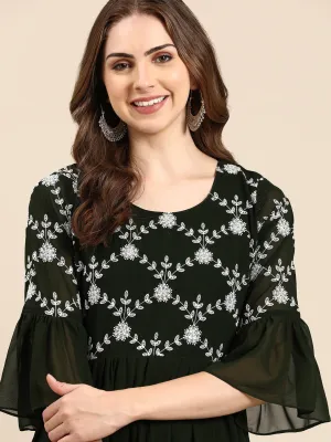 Women Olive Floral Embroidered Thread Work Anarkali Kurta