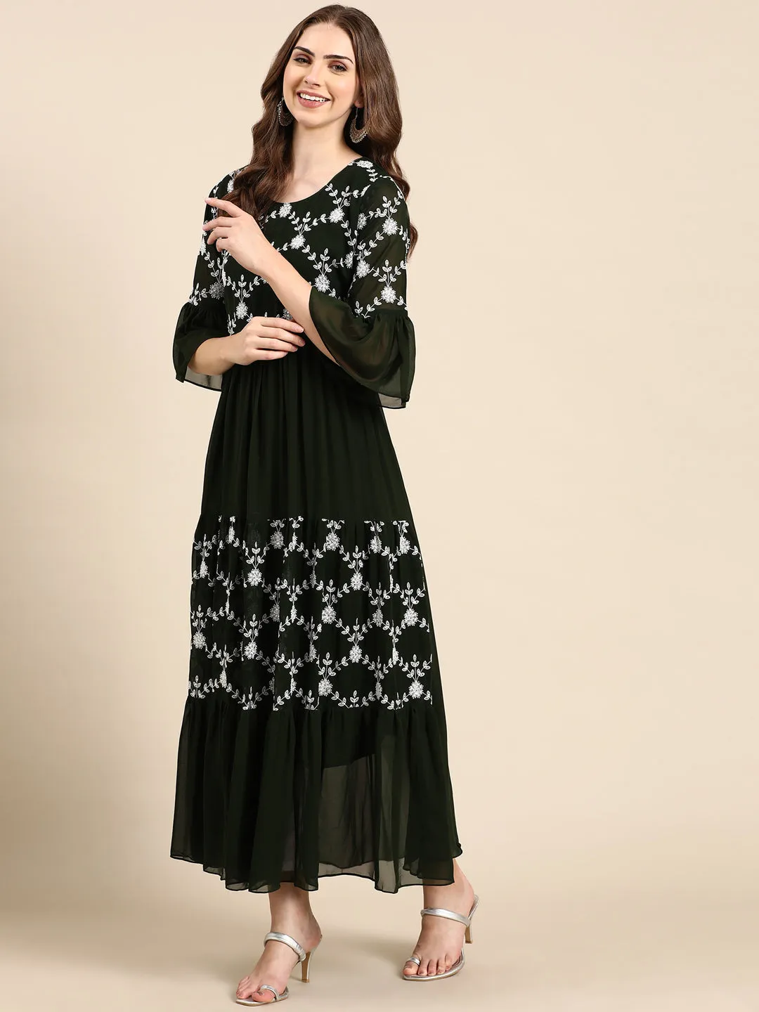 Women Olive Floral Embroidered Thread Work Anarkali Kurta
