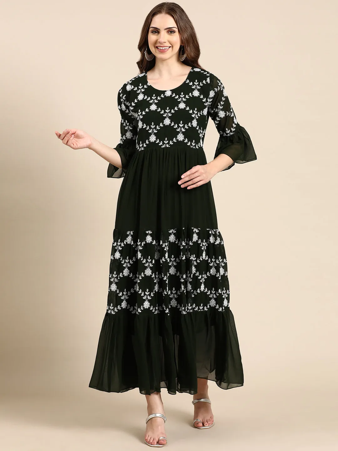 Women Olive Floral Embroidered Thread Work Anarkali Kurta