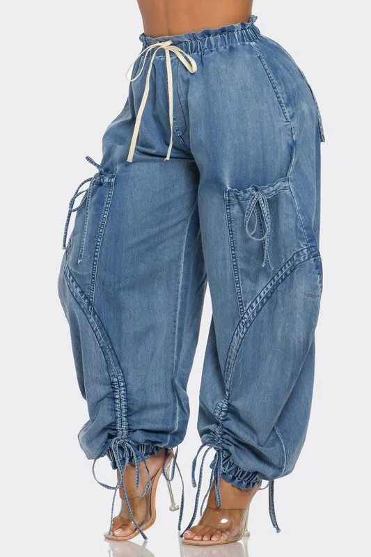 WOMEN Urban Chic Drawstring Denim Cargo Pants