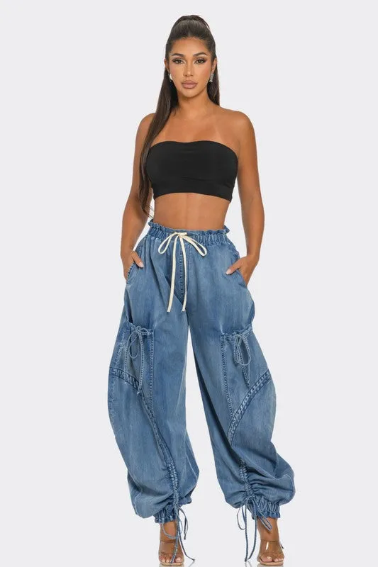WOMEN Urban Chic Drawstring Denim Cargo Pants