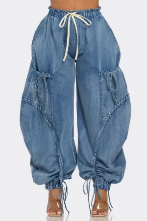 WOMEN Urban Chic Drawstring Denim Cargo Pants