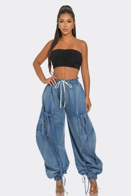 WOMEN Urban Chic Drawstring Denim Cargo Pants