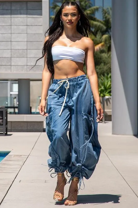 WOMEN Urban Chic Drawstring Denim Cargo Pants