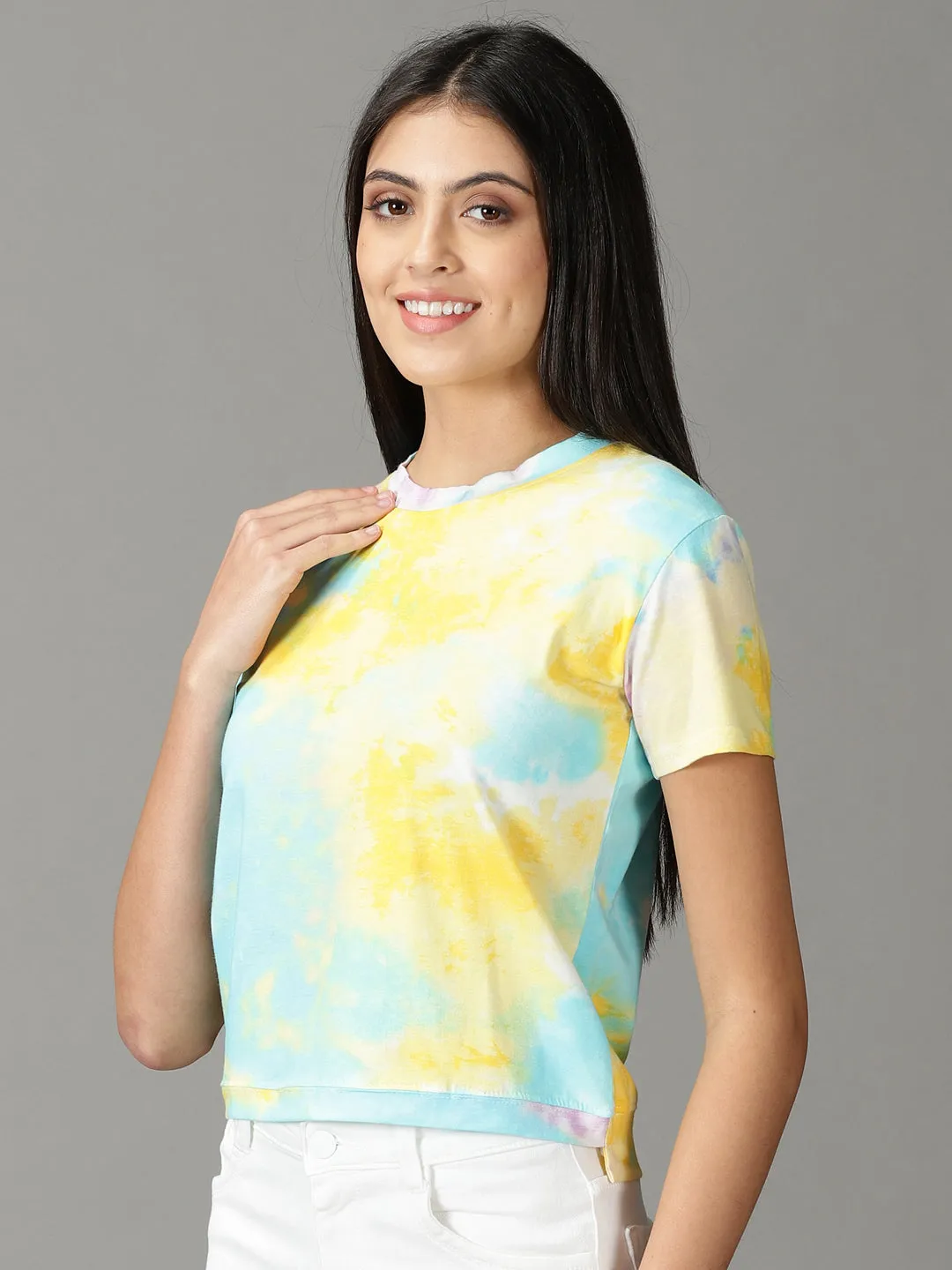 Women Yellow Print Crop Top