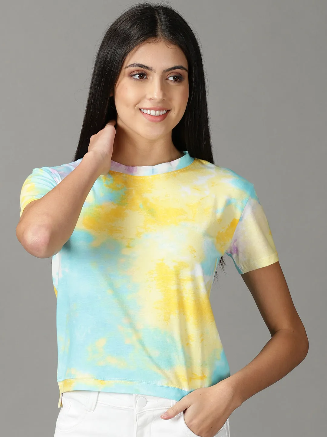 Women Yellow Print Crop Top