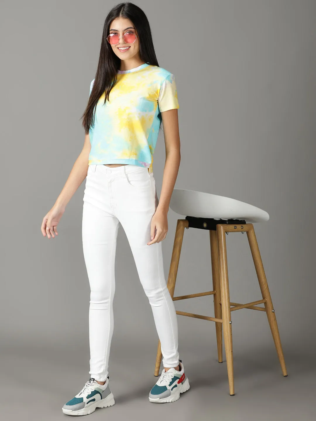 Women Yellow Print Crop Top