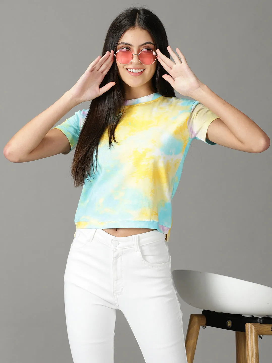 Women Yellow Print Crop Top