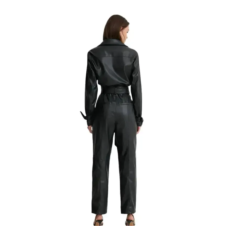 Women's Black Genuine Lambskin Leather Jumpsuit – Sleek & Chic