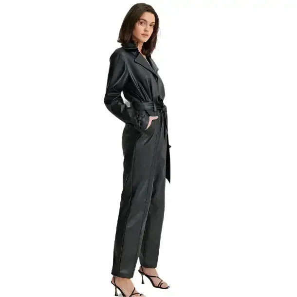 Women's Black Genuine Lambskin Leather Jumpsuit – Sleek & Chic