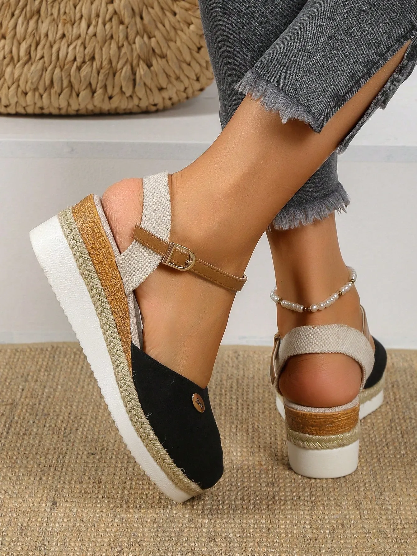 Women's Plus Size Faux Suede Color Block Round Toe Espadrilles With Elegant Wedge Heels & Thick Soles