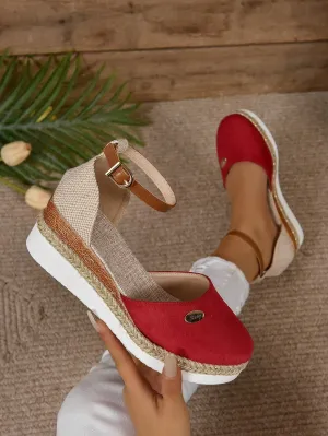 Women's Plus Size Faux Suede Color Block Round Toe Espadrilles With Elegant Wedge Heels & Thick Soles