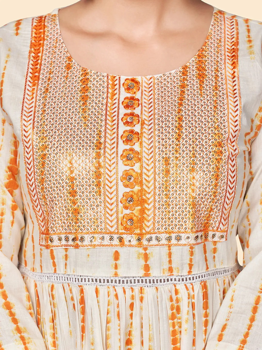 Women'S Print & Sequience Flared Cotton Orange Stitched Dress
