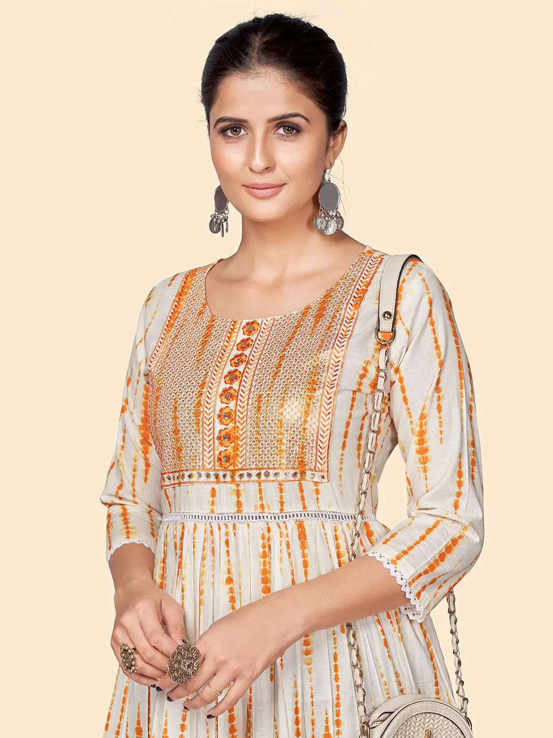Women'S Print & Sequience Flared Cotton Orange Stitched Dress