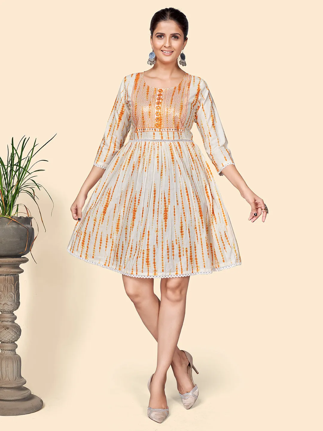Women'S Print & Sequience Flared Cotton Orange Stitched Dress
