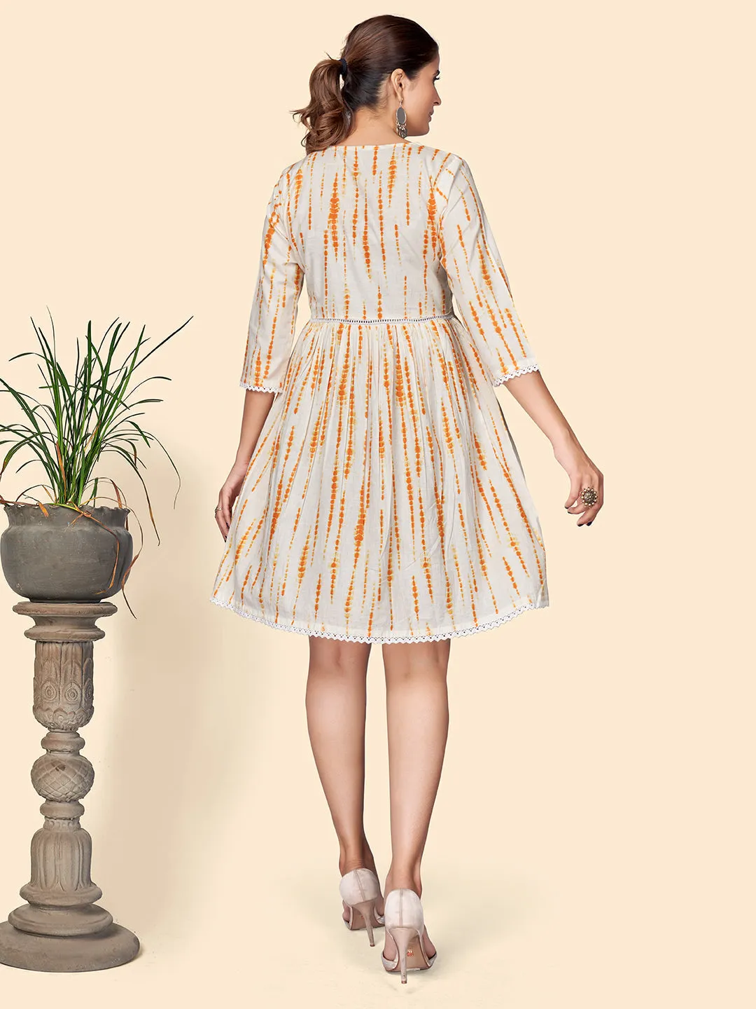 Women'S Print & Sequience Flared Cotton Orange Stitched Dress