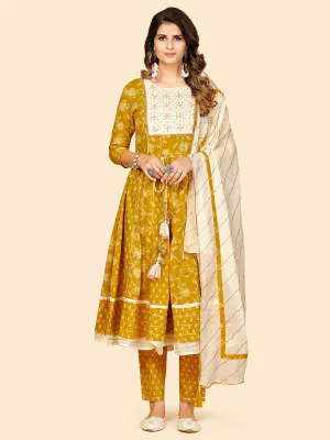 Women'S Printed & Thread Work Anarkali Cotton Yellow Stitched Kurta Pant With Dupatta