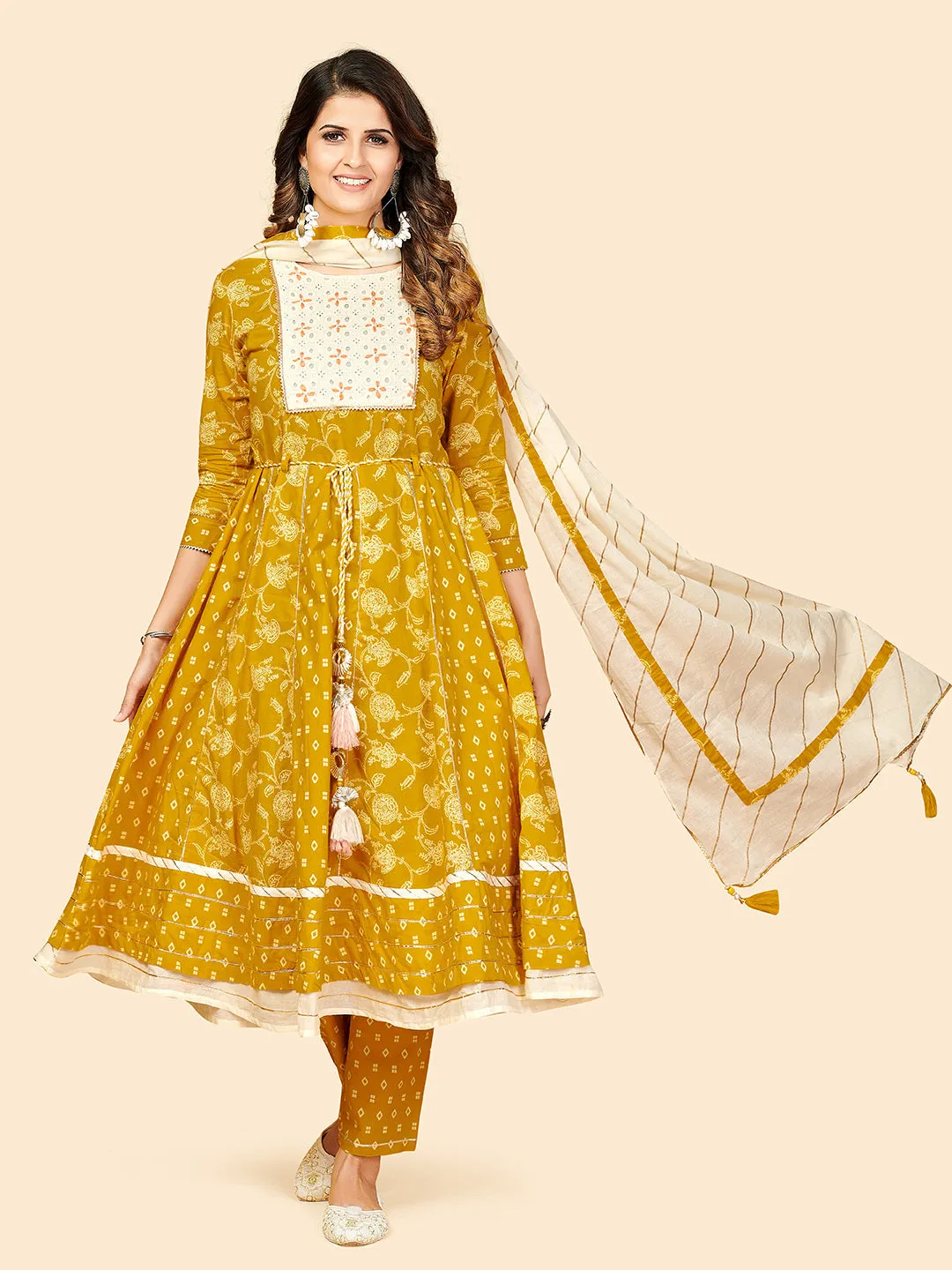 Women'S Printed & Thread Work Anarkali Cotton Yellow Stitched Kurta Pant With Dupatta