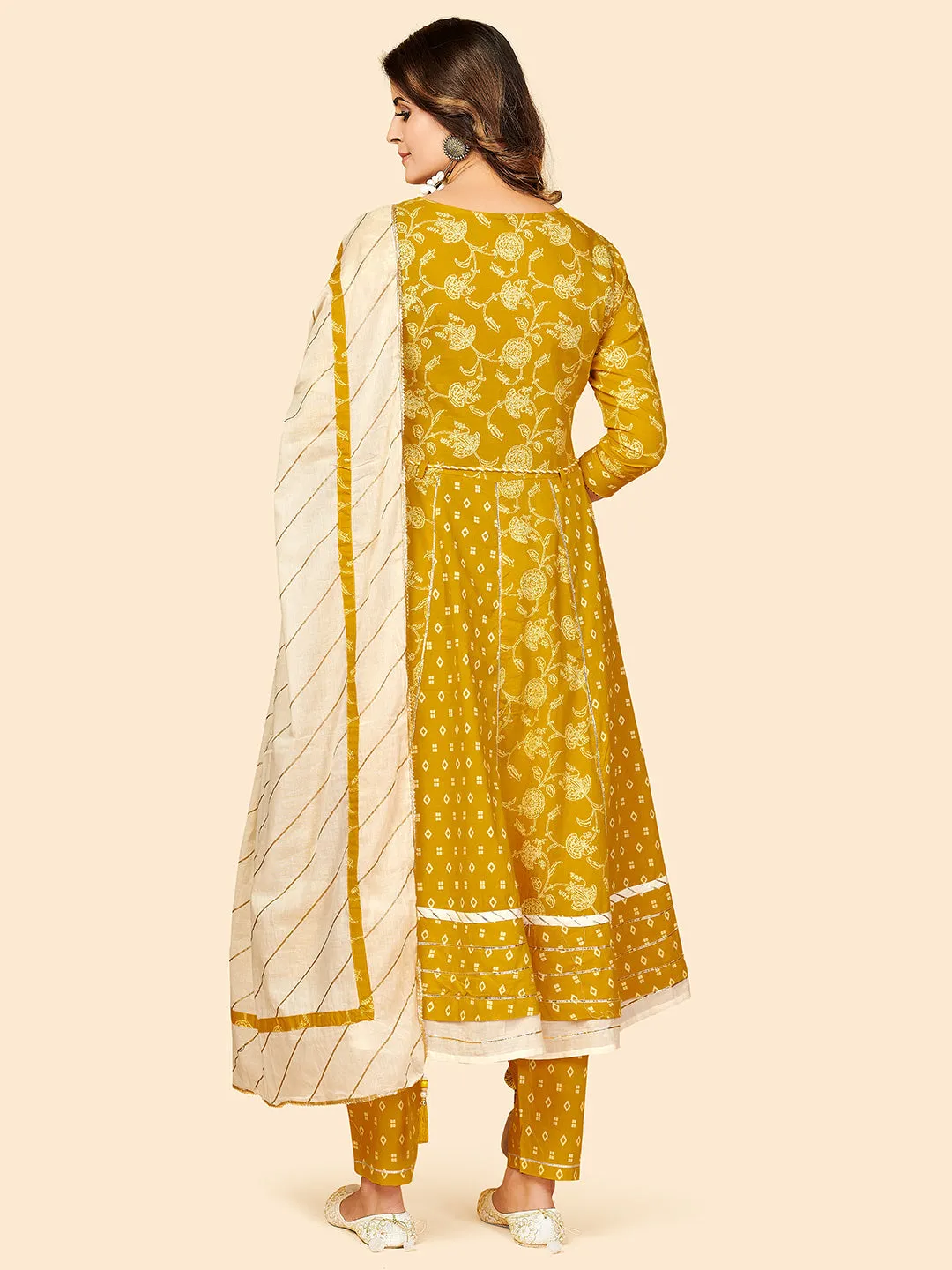 Women'S Printed & Thread Work Anarkali Cotton Yellow Stitched Kurta Pant With Dupatta