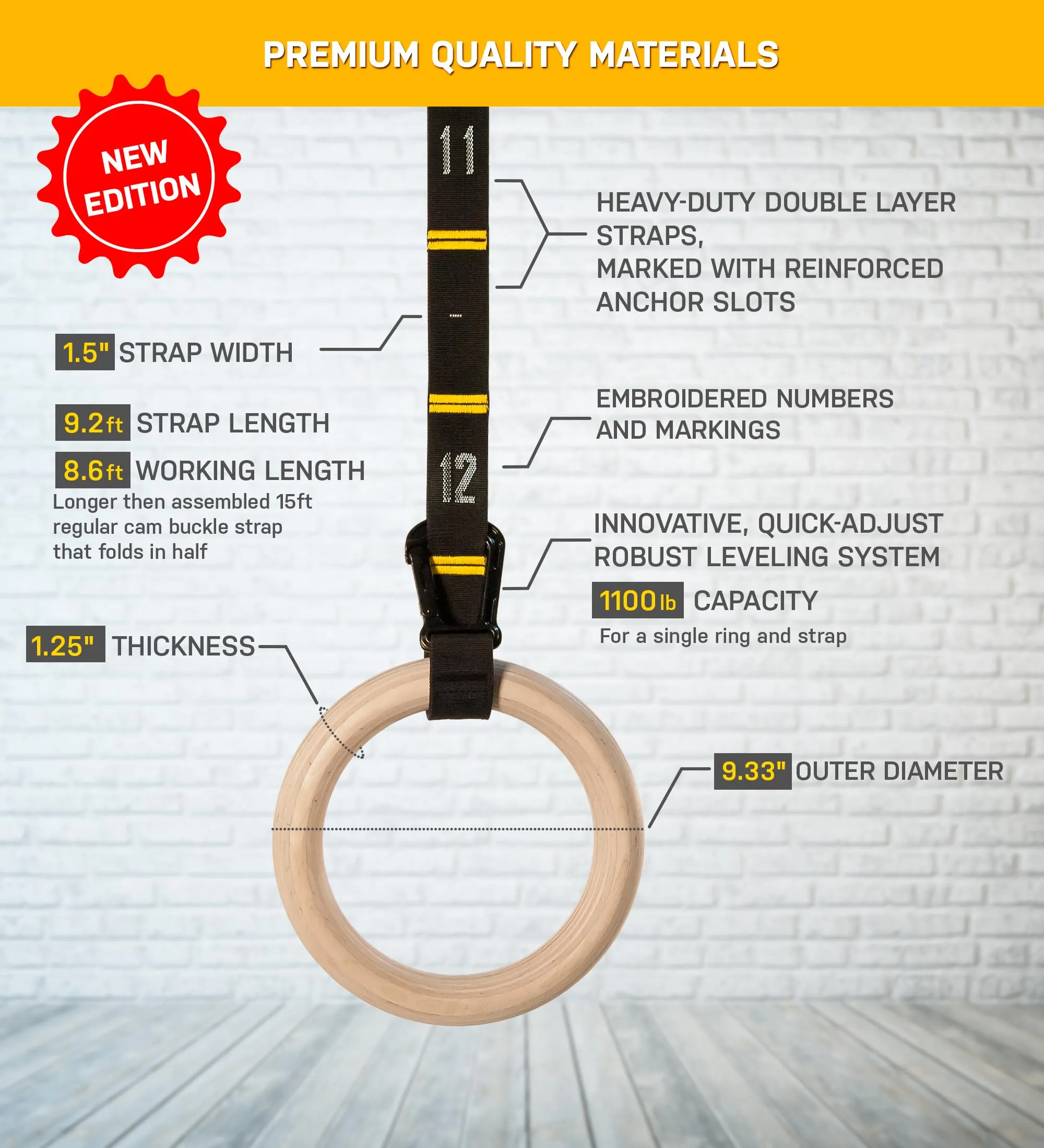 Wood Gymnastics Rings with Numbered Straps - 1.25 Inch