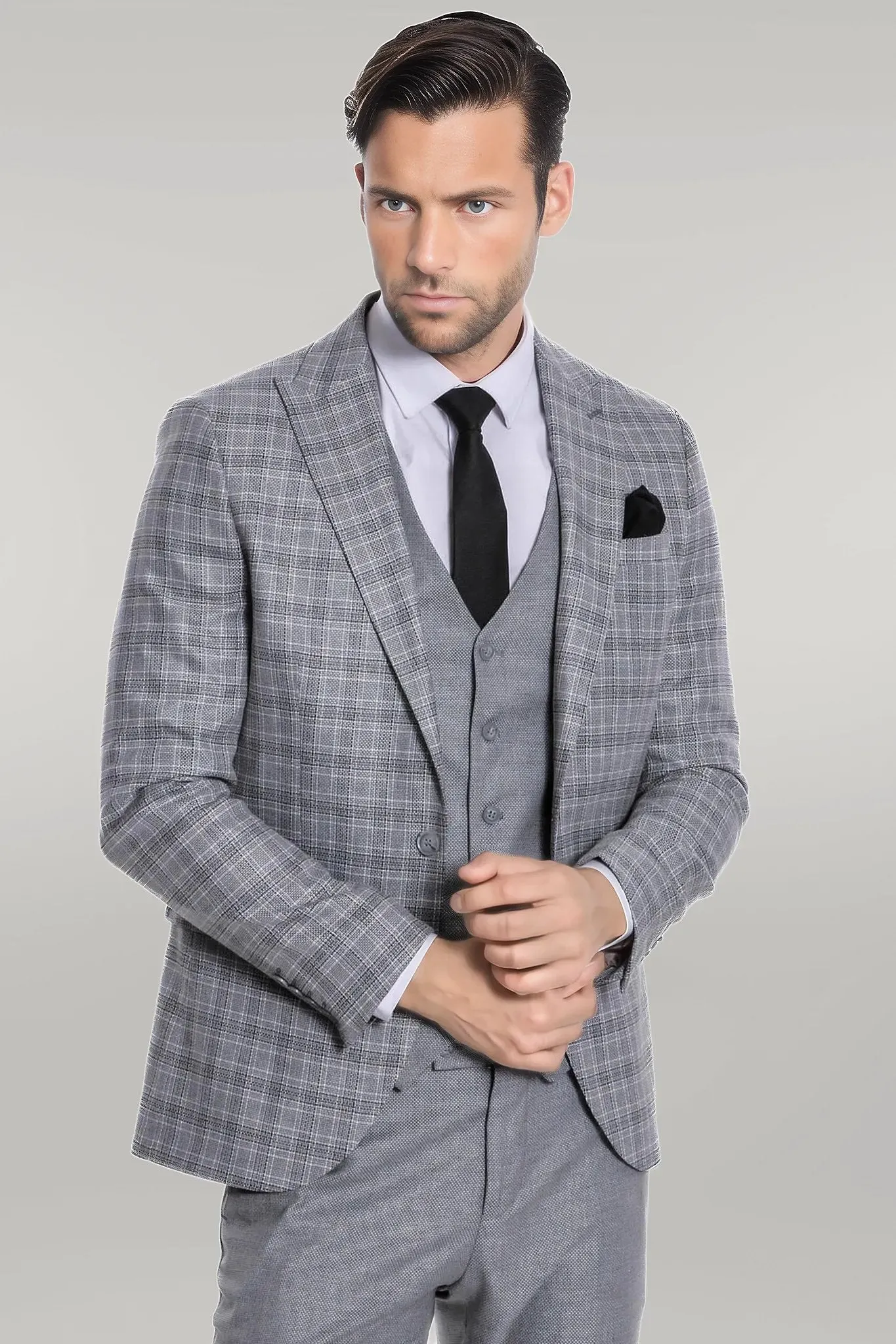 WSS Checked Slim Fit Light Grey Men Suit  - Singen