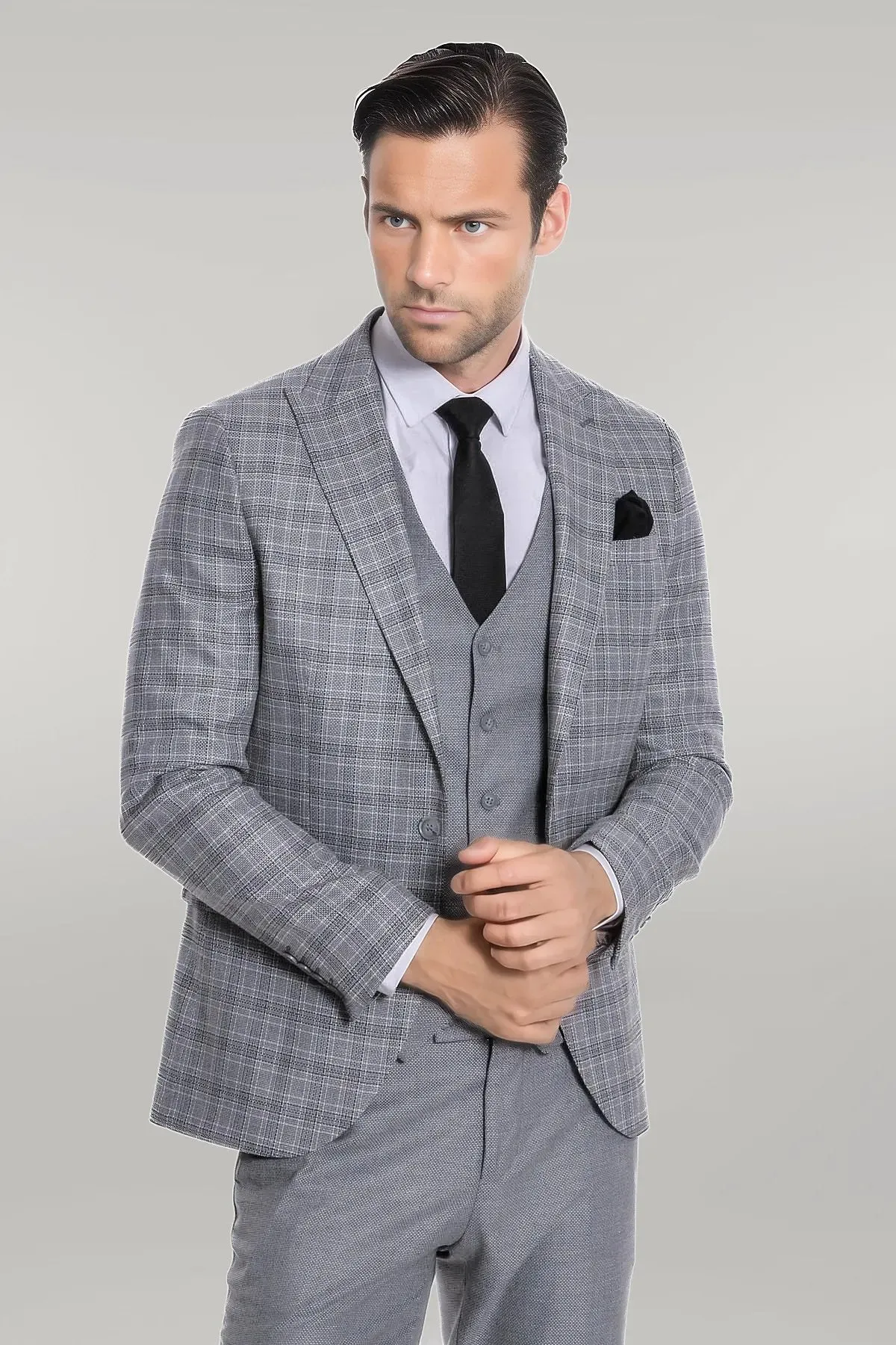 WSS Checked Slim Fit Light Grey Men Suit  - Singen