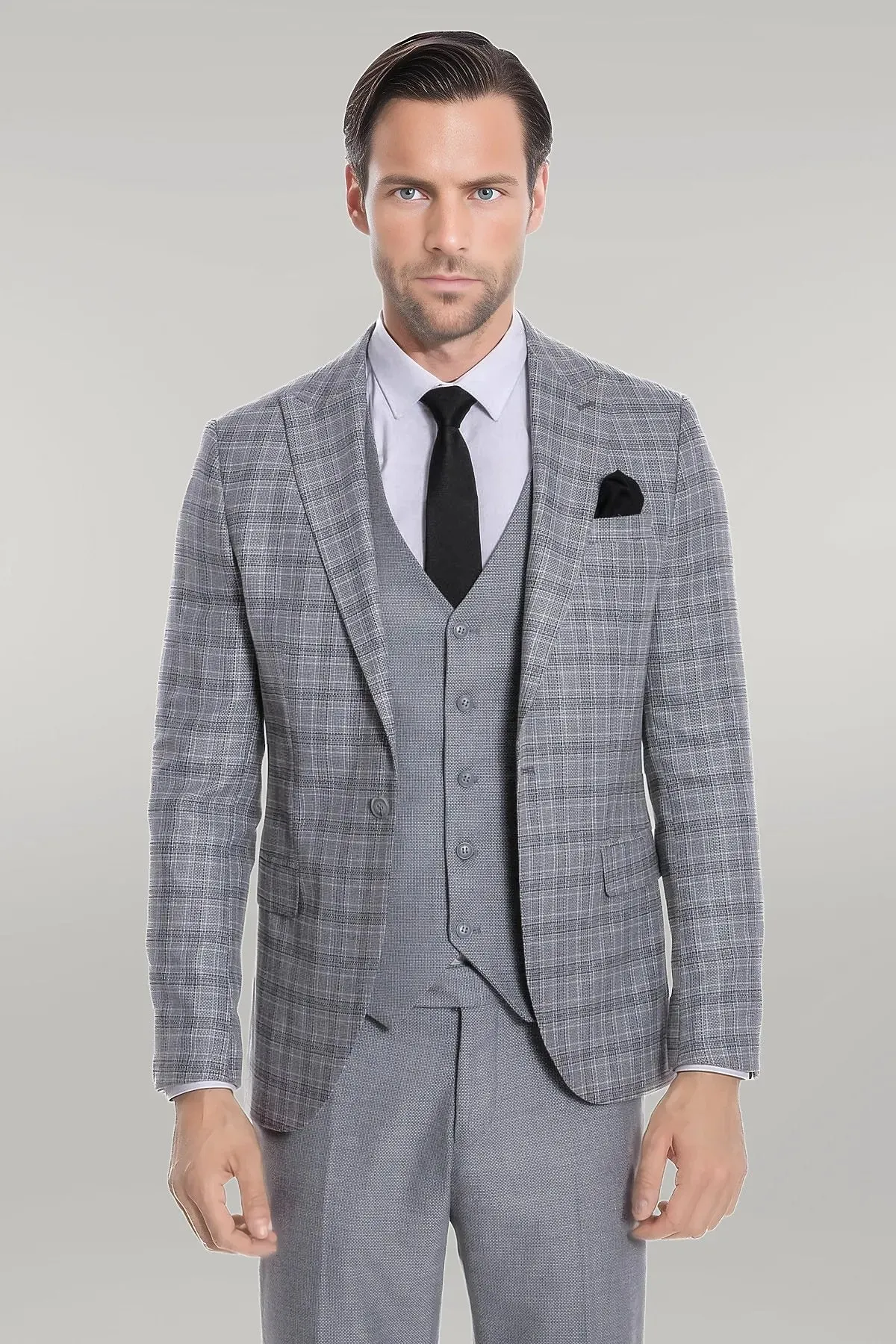 WSS Checked Slim Fit Light Grey Men Suit  - Singen