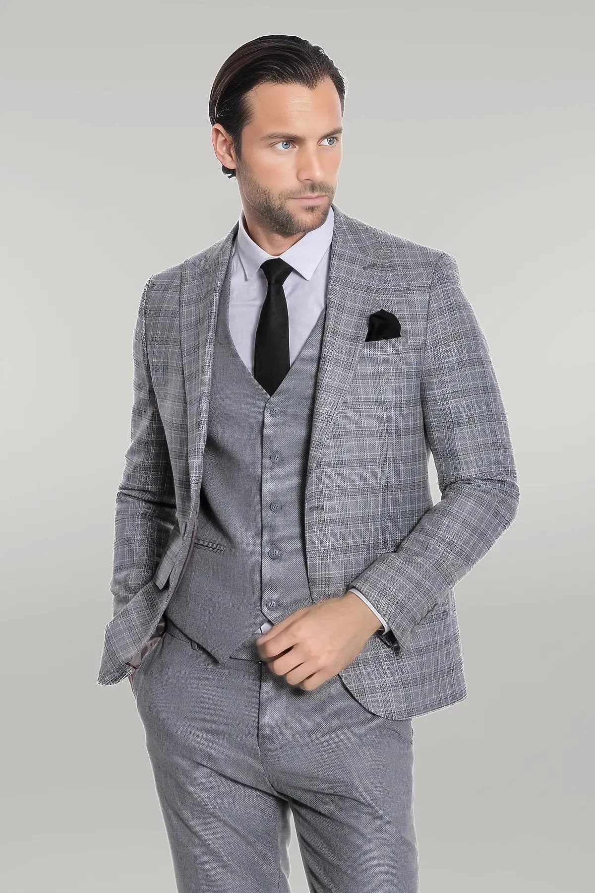 WSS Checked Slim Fit Light Grey Men Suit  - Singen